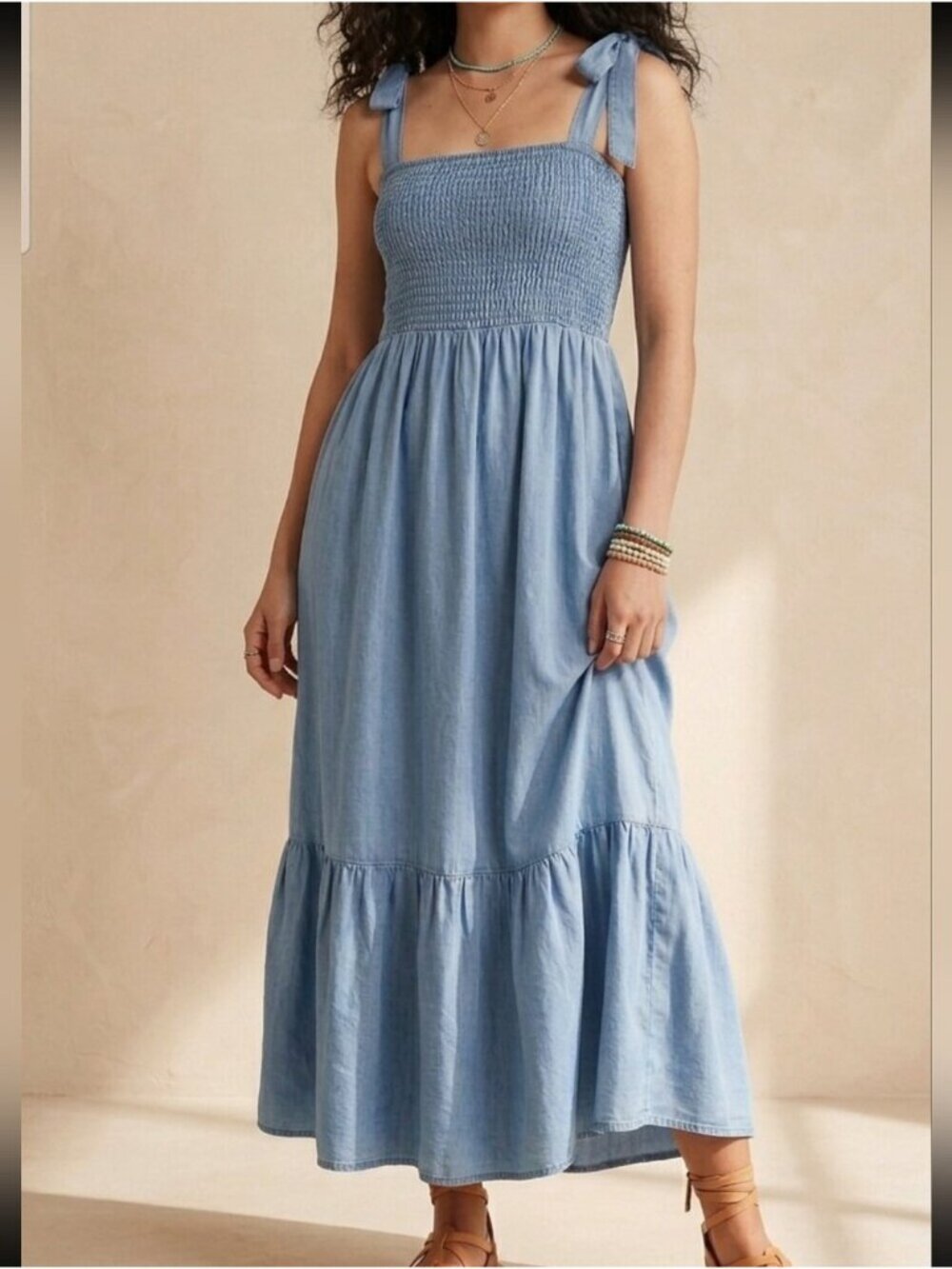 UpWest Light Blue Tie-Shoulder Smocked Maxi Dress